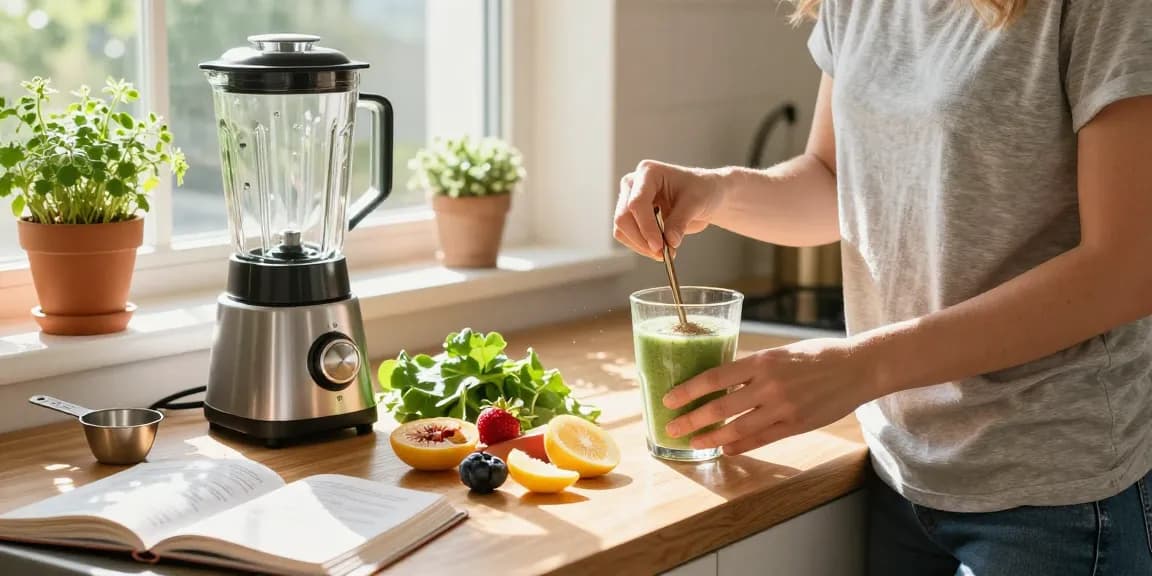 Happy Go Leafy Kratom smoothie preparation in a bright kitchen