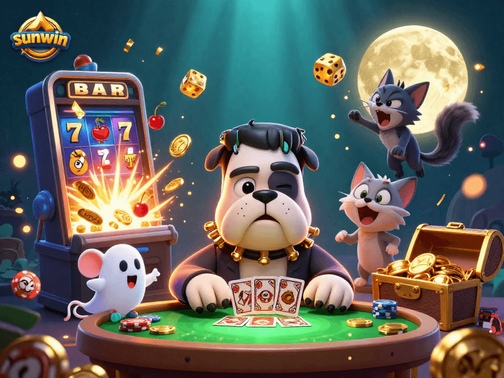 Experience thrilling gameplay with sunwin as a Frankenstein bulldog deals cards at a vibrant casino.