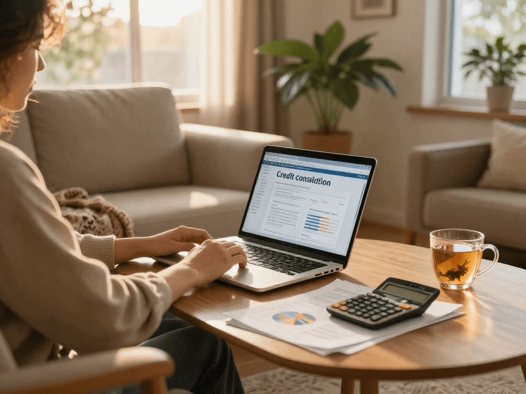 A person researching credit consolidation options in a cozy living room.