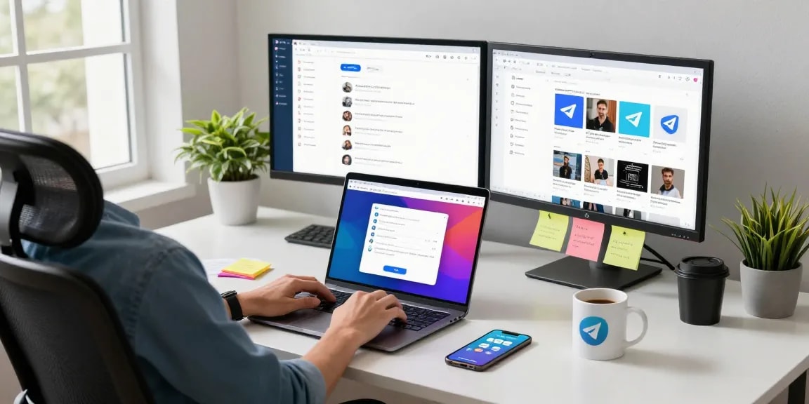 Engaging scene showing professional using Telegram Download on laptop at modern desk with vibrant interface.