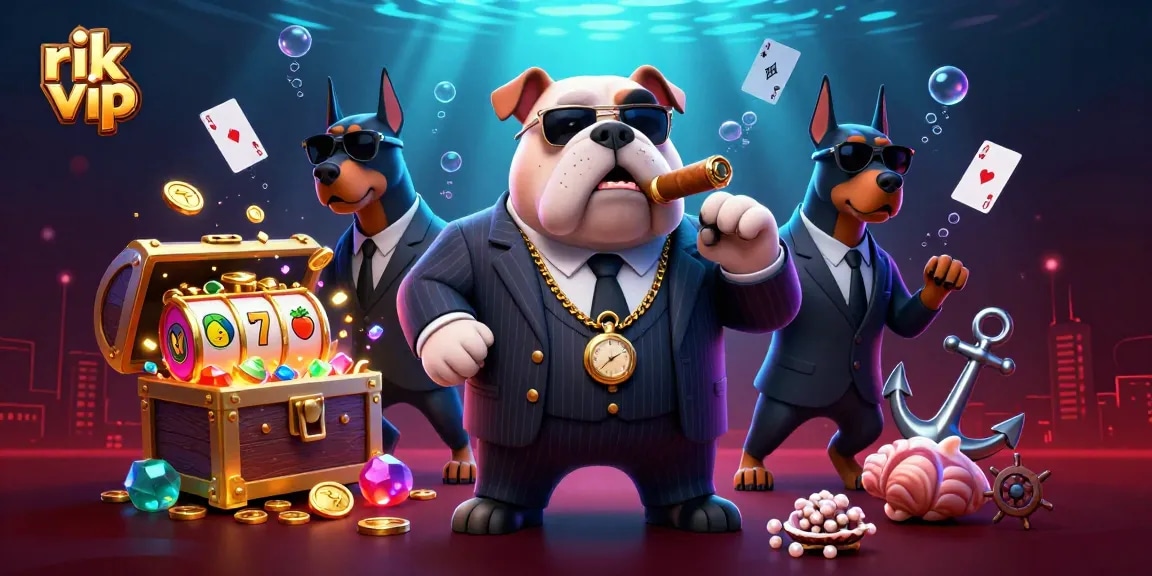 rik vip showcases a dynamic scene with a mafia bulldog and lucrative slot game elements.