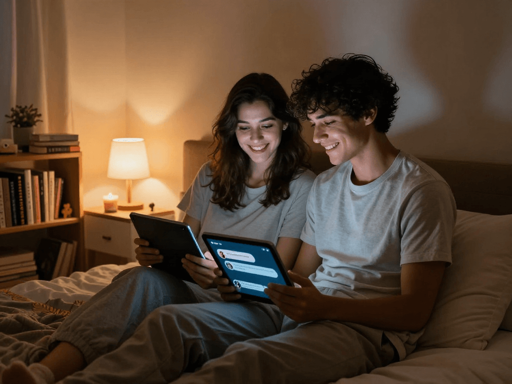 Couple enjoying ai porn chat on tablets in cozy bedroom atmosphere.