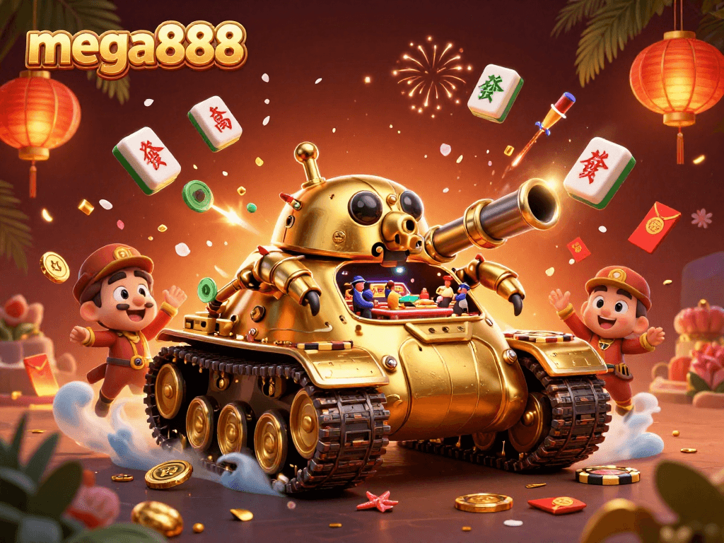 Main permainan mega888 dengan suasana kasino dan elemen keberuntungan yang meriah.