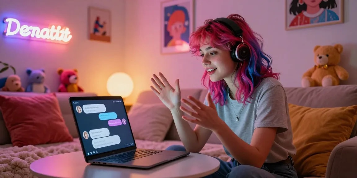 Engaging NSFW AI chat scene with user interacting with digital interface in inviting decor.