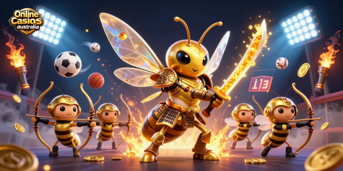 Experience the dynamics of online casinos Australia with colorful sports elements and a giant golden hornet.