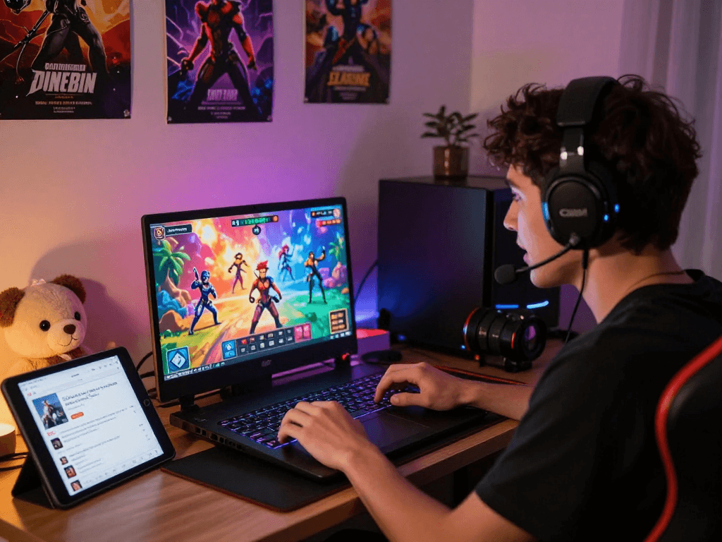 A person enjoying a lively porngame on a laptop in a cozy, ambient-lit gaming space with vibrant game graphics and decor.