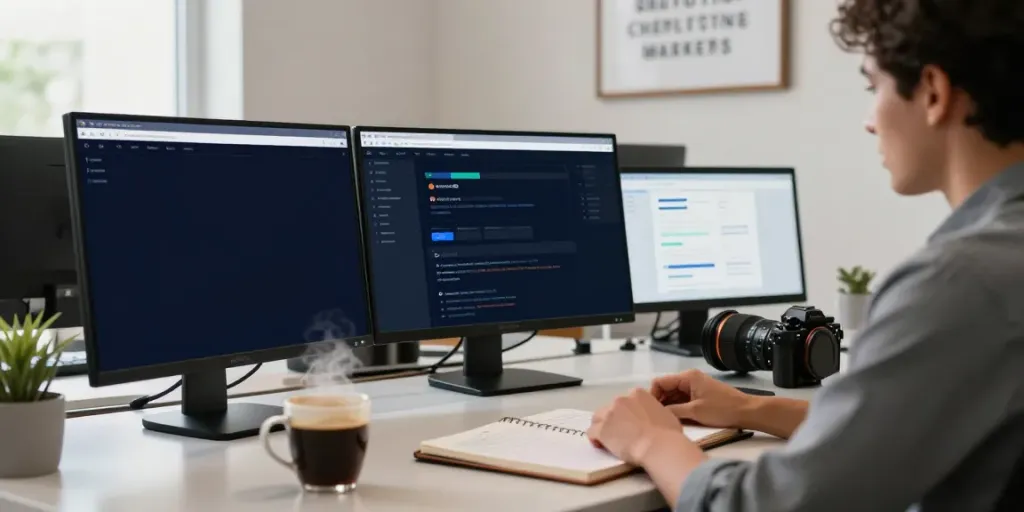 Marketer utilizing instant indexing tools in a contemporary office workspace, focusing on SEO analytics and digital strategies.