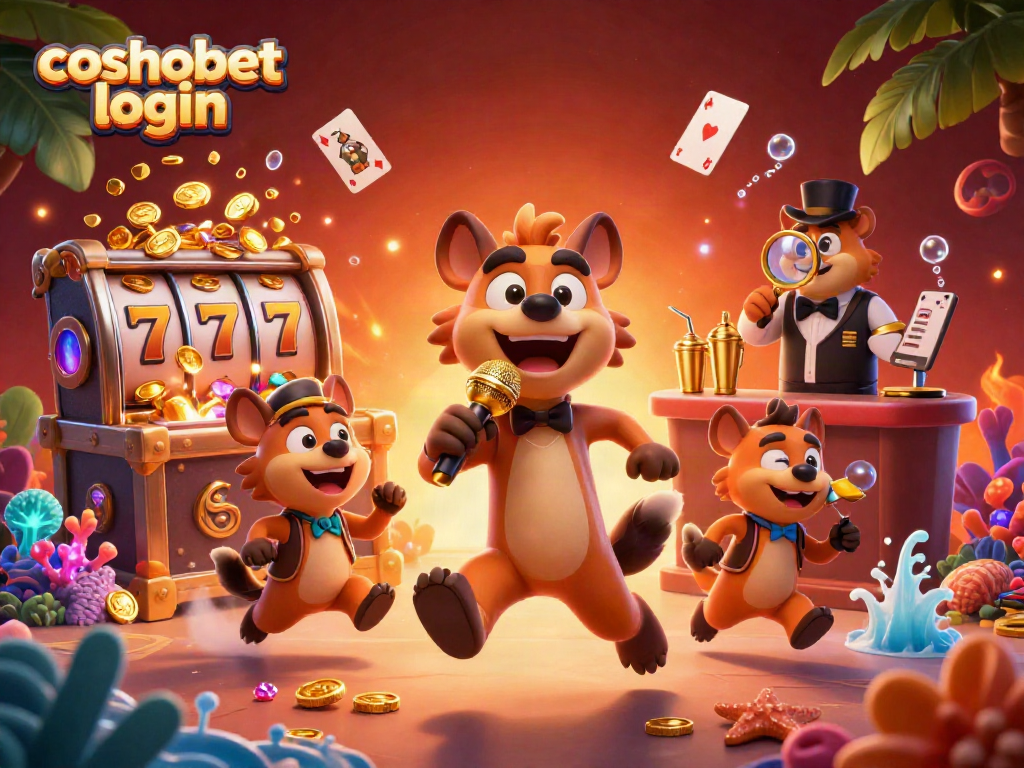 Engage with the vibrant Cosmobet login scene showcasing a lively comedy casino atmosphere with hyena characters.