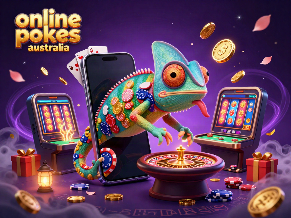 Win big with online pokies Australia in a vibrant casino scene featuring a colorful chameleon and slot game.