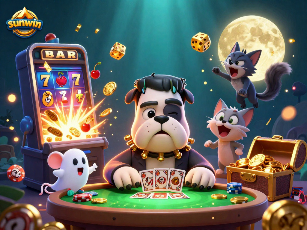 Experience thrilling gameplay with sunwin as a Frankenstein bulldog deals cards at a vibrant casino.