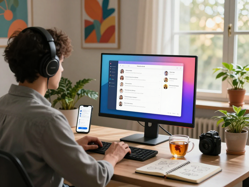 Dynamic scene of an individual using an ai porn chat application in a modern home office setting, showcasing an engaging virtual interaction.