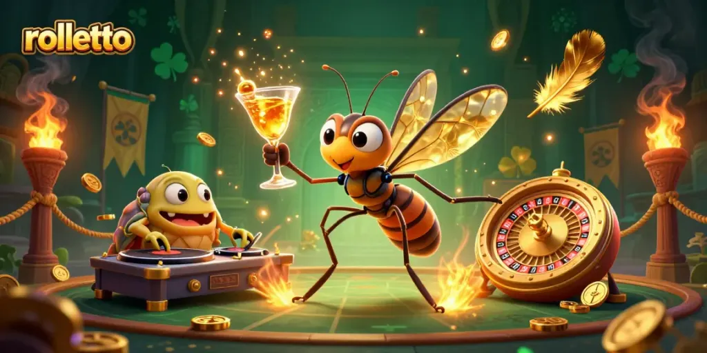 Join the rolletto casino experience as you spin the golden roulette wheel alongside vibrant characters.