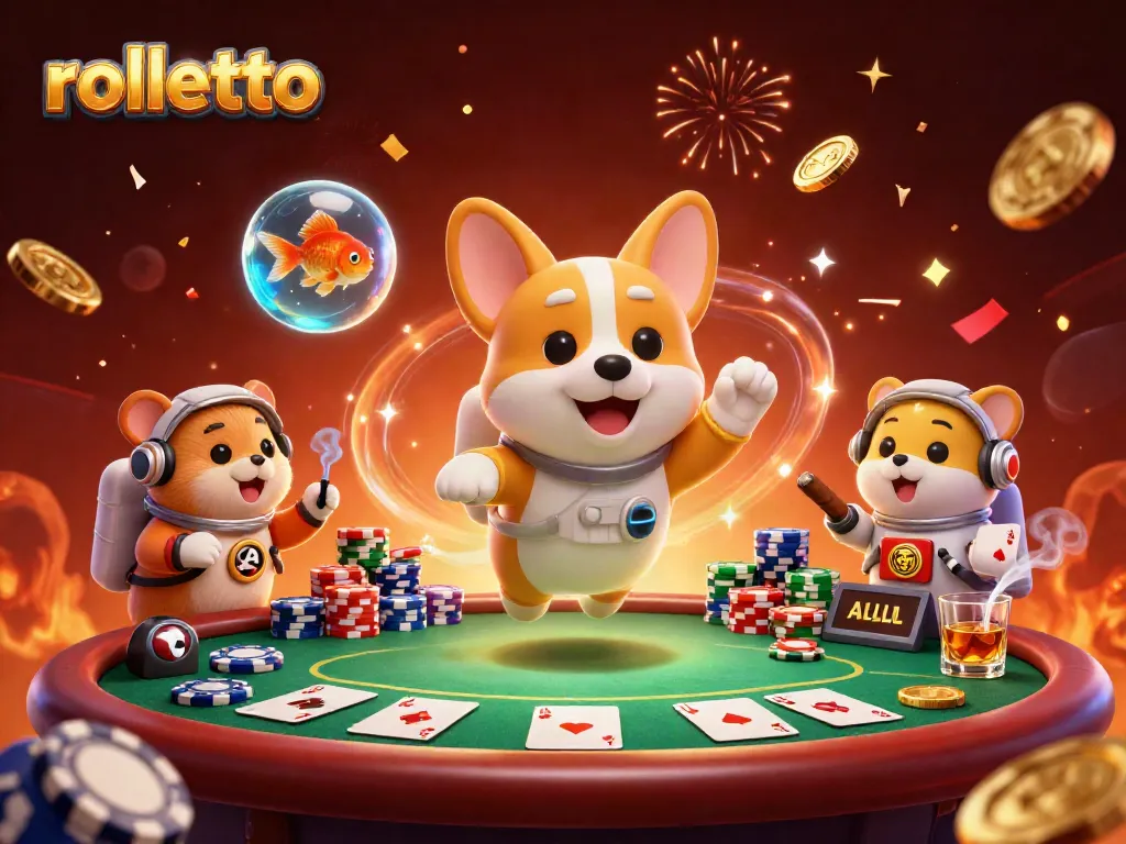 Experience rolletto’s cosmic casino adventure with a floating corgi, hamster, and magical elements.