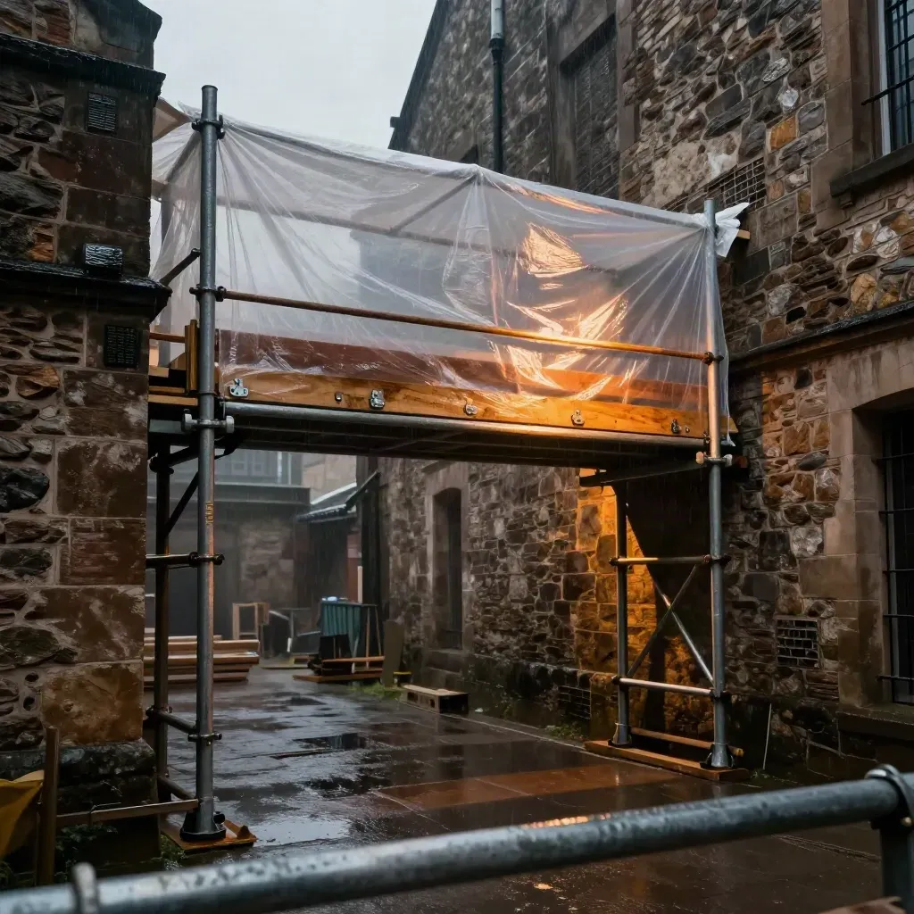 Temporary canopy bridging a rainy masonry gap with scaffold towers and warm work lights.