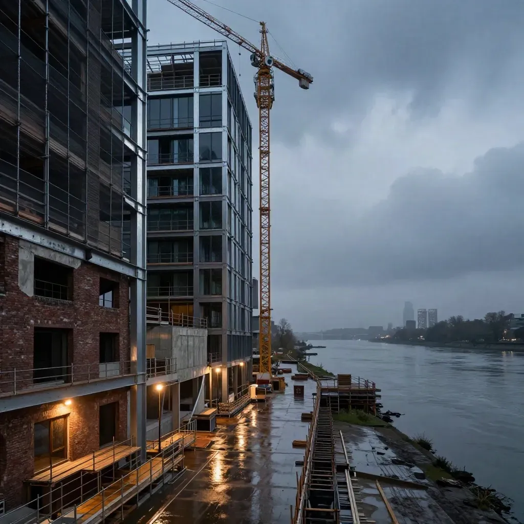 Blue-hour riverside redevelopment with crane, scaffold and wet steel frame after rain.