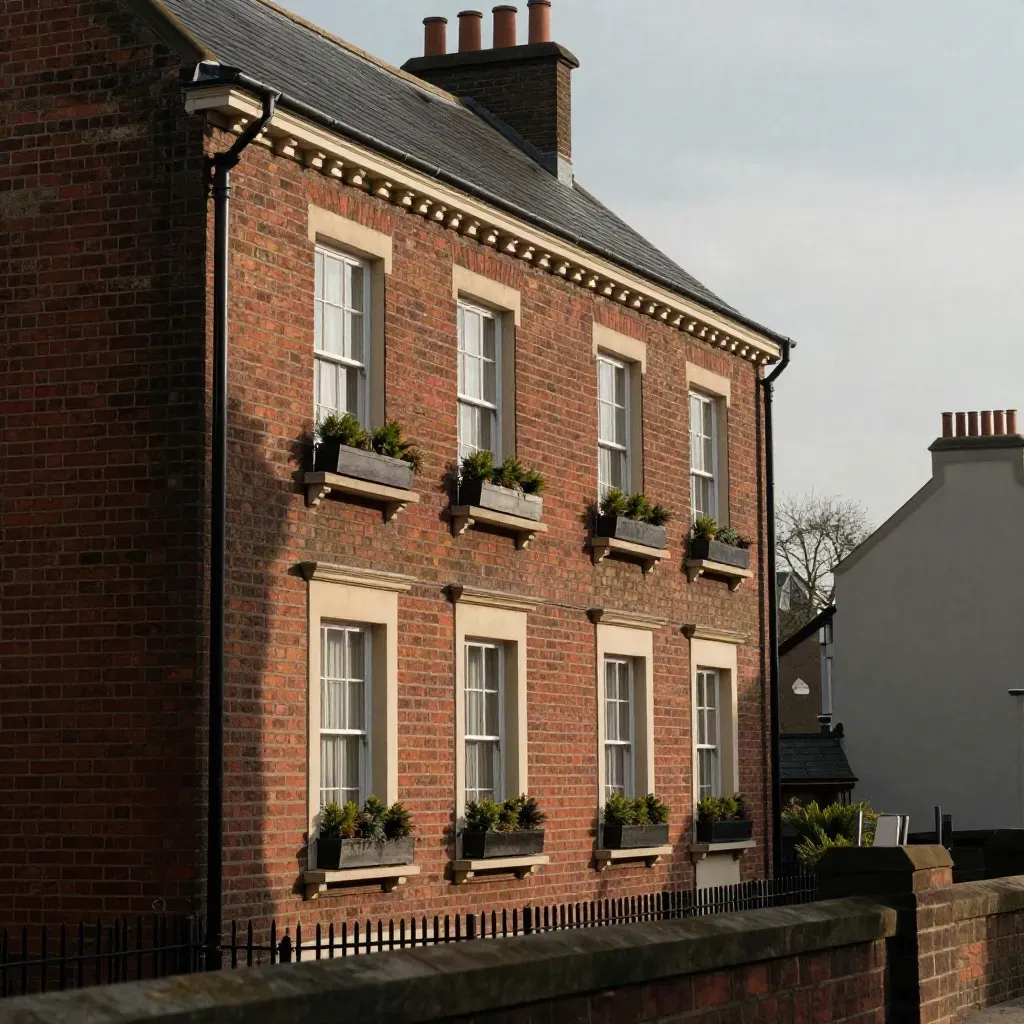 Restored terrace flats with clean brick, renewed roofline and planters in urban haze.