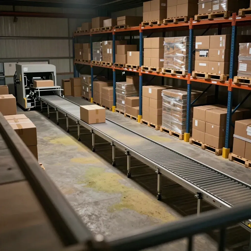 Warehouse mezzanine with new pallet racking, cartons and packing line under dramatic side light