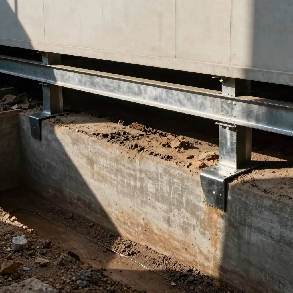 Cross-section of a concrete foundation with silver steel plates and upper floors rising in haze