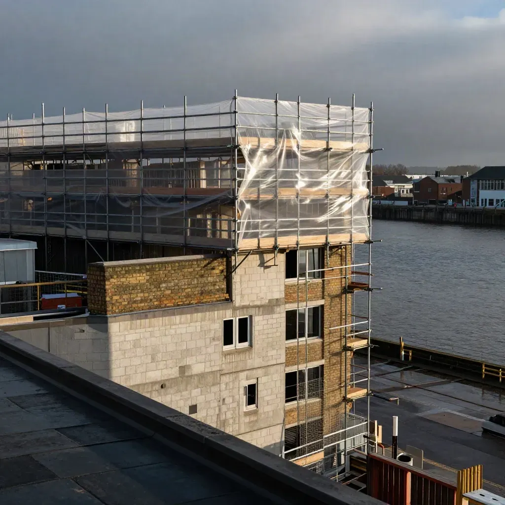 Scaffold-wrapped Bristol waterfront build by the harbour, brickwork advancing behind wind-whipped sheeting.