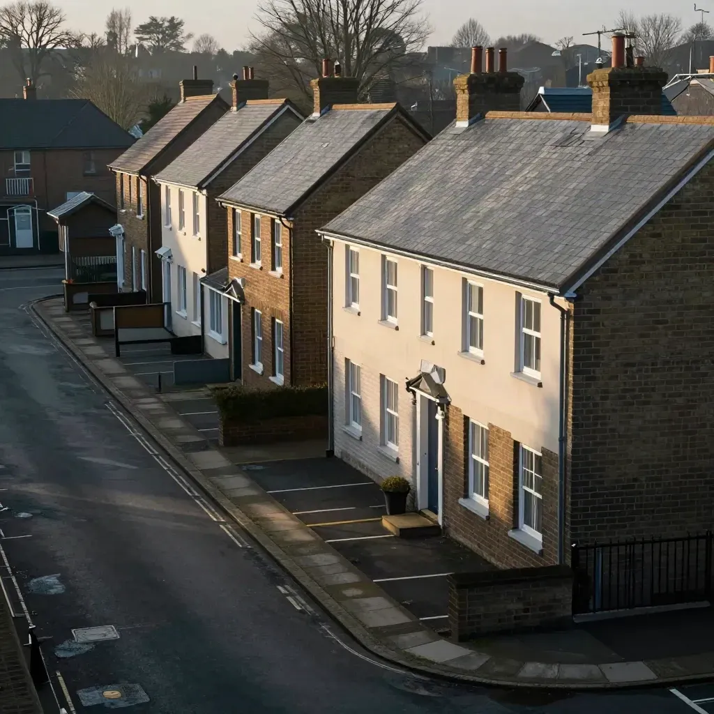 Renovated terraced houses in morning haze, seen from a corner street with empty parking bays.