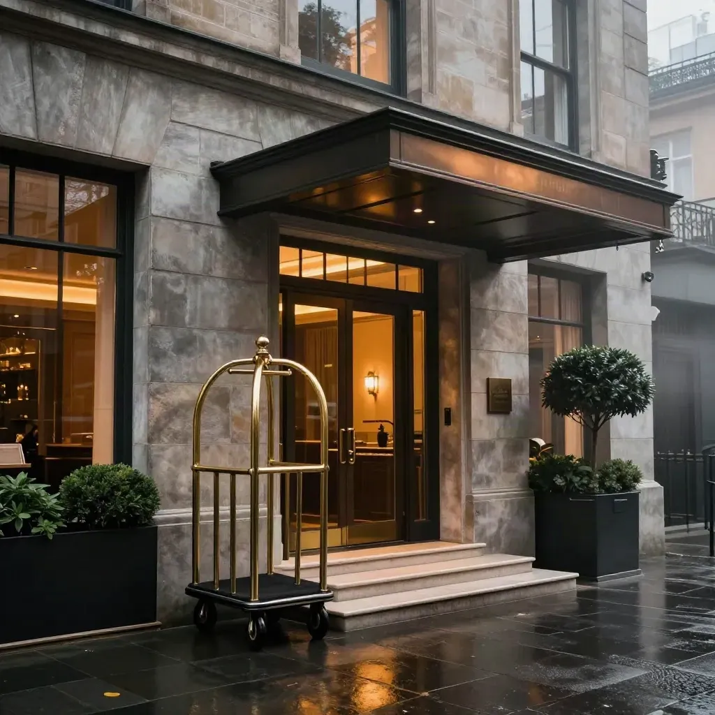 Rainy boutique hotel frontage glowing at night with an empty brass luggage trolley