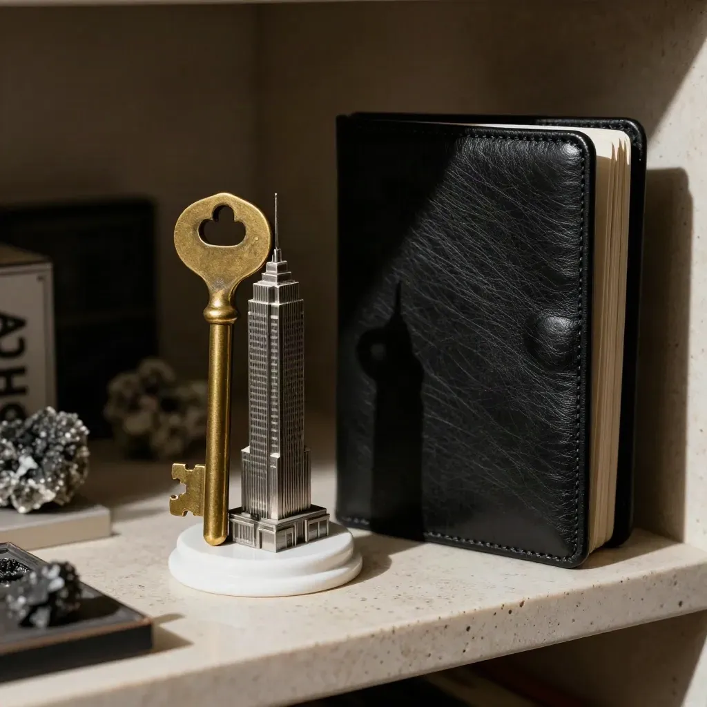 Brass property key, tower model and black portfolio on travertine in dramatic macro light.