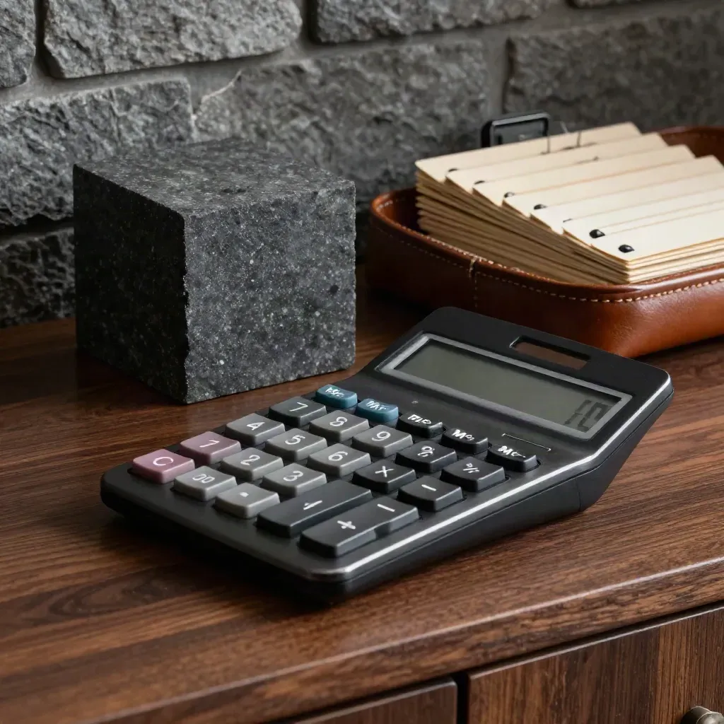 Calculator, slate cube and tabs in a leather tray on walnut, lit dramatically in a finance still life