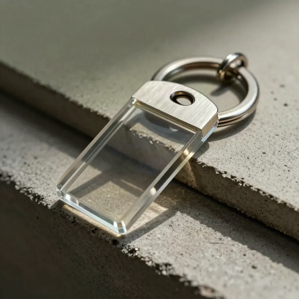 Brushed steel keyring, acrylic deal spacers and concrete sample in a close finance still life.