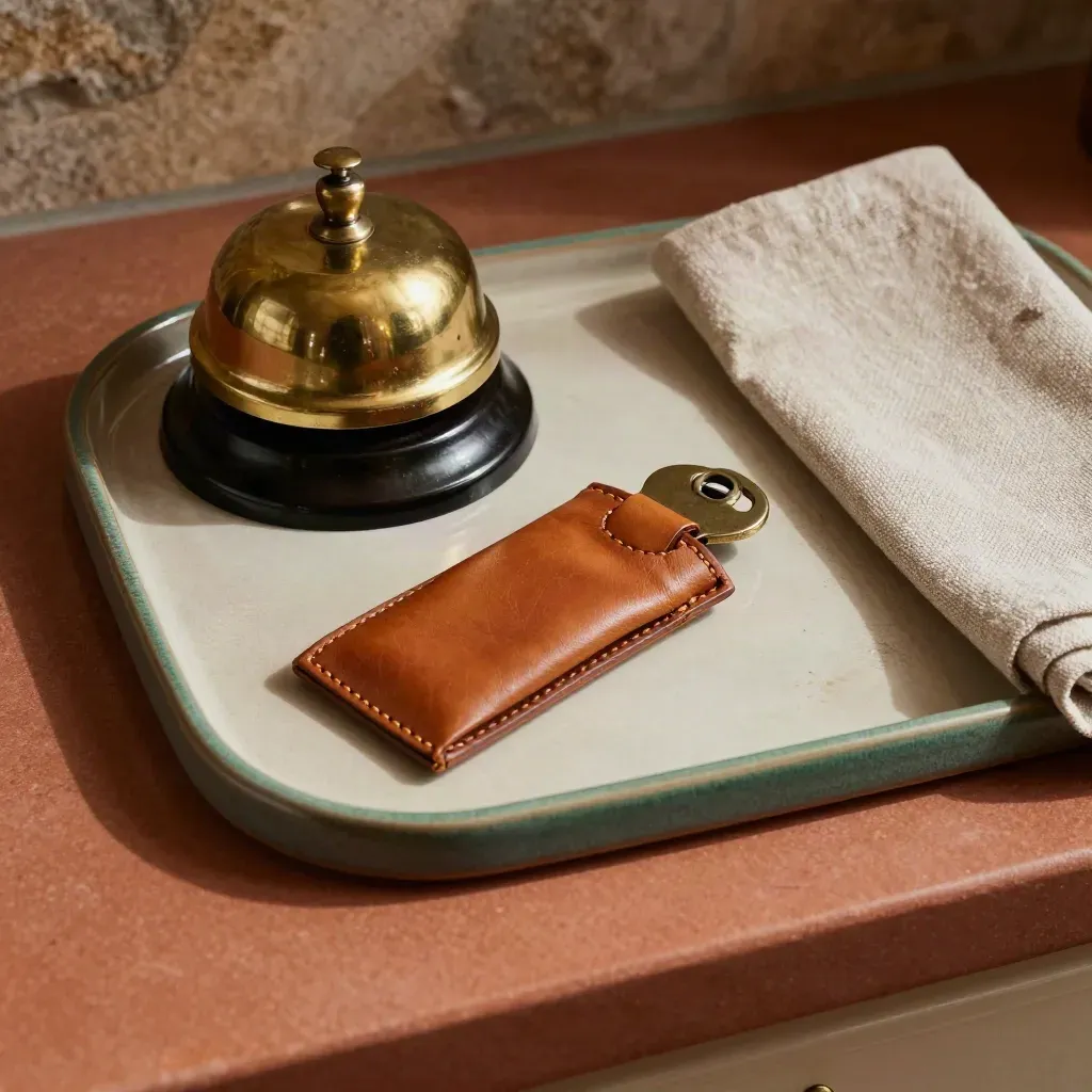 Brass hotel bell, leather key sleeve and ceramic tray on a terracotta counter in soft daylight.