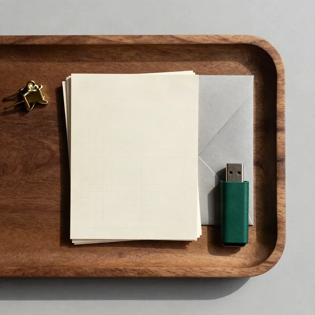Overhead walnut tray with cards, envelope, USB drive and brass clip on pale wood