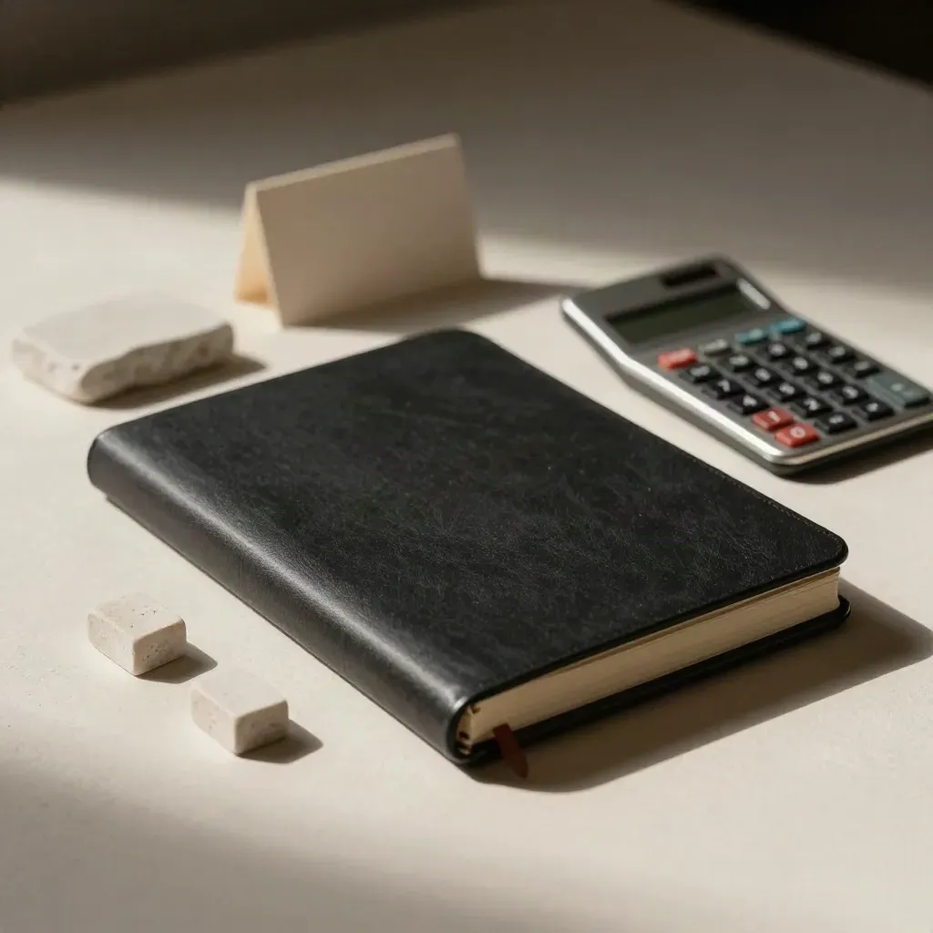 Closed notebook, metal case, calculator and stone samples on an off-white plaster surface.