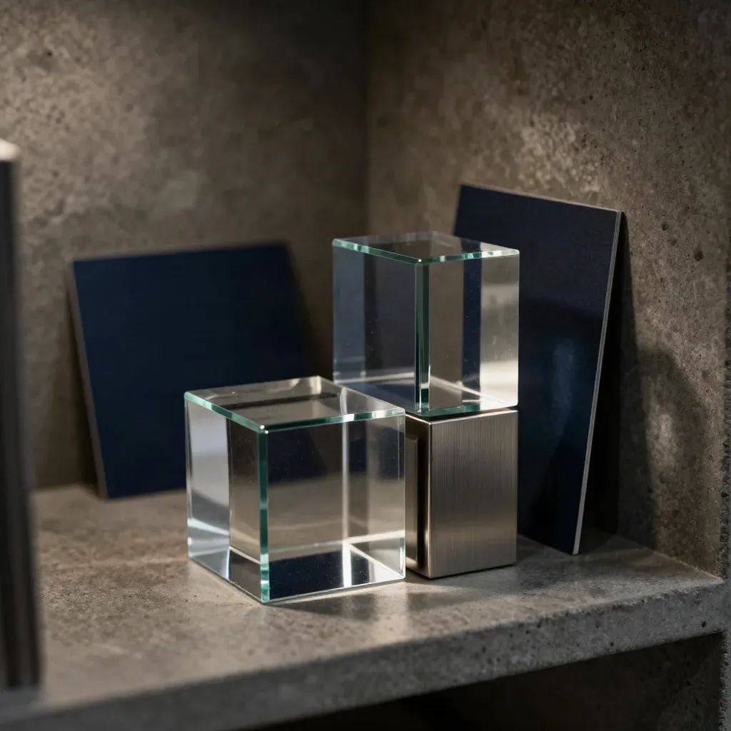 Glass and brushed-metal blocks on a dark shelf with a navy card and soft side light.