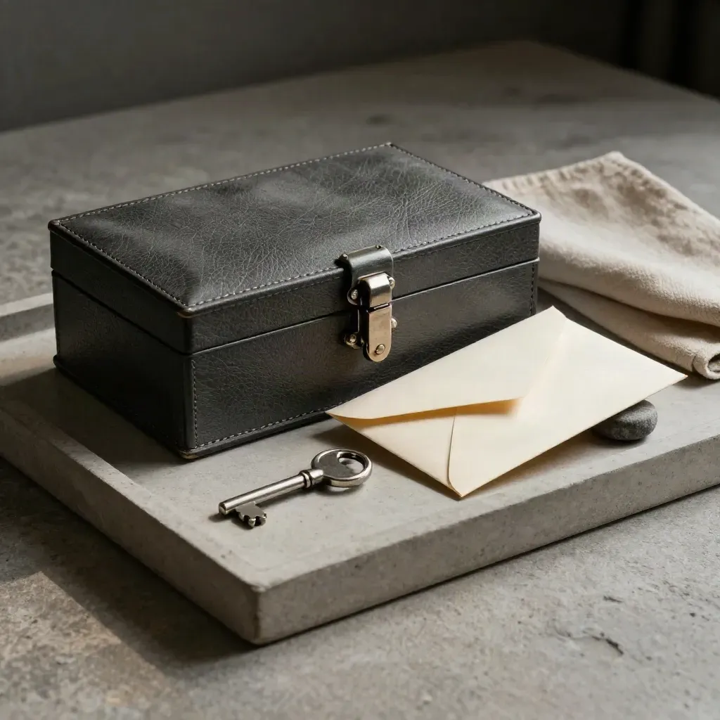 Portfolio box, silver key and sealed envelope on a stone tray, lit from the left.