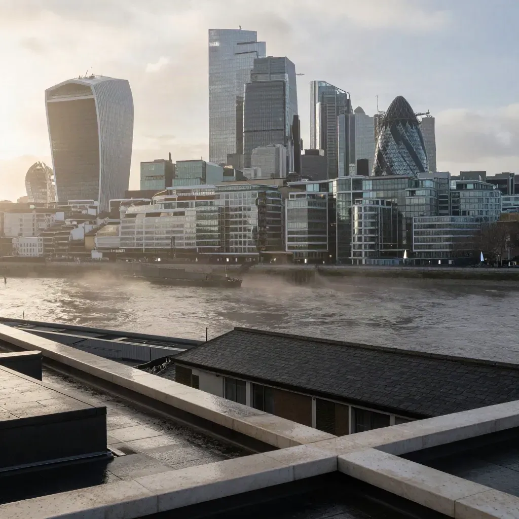 Canary Wharf skyline above the misty Thames at sunrise from a rooftop in London