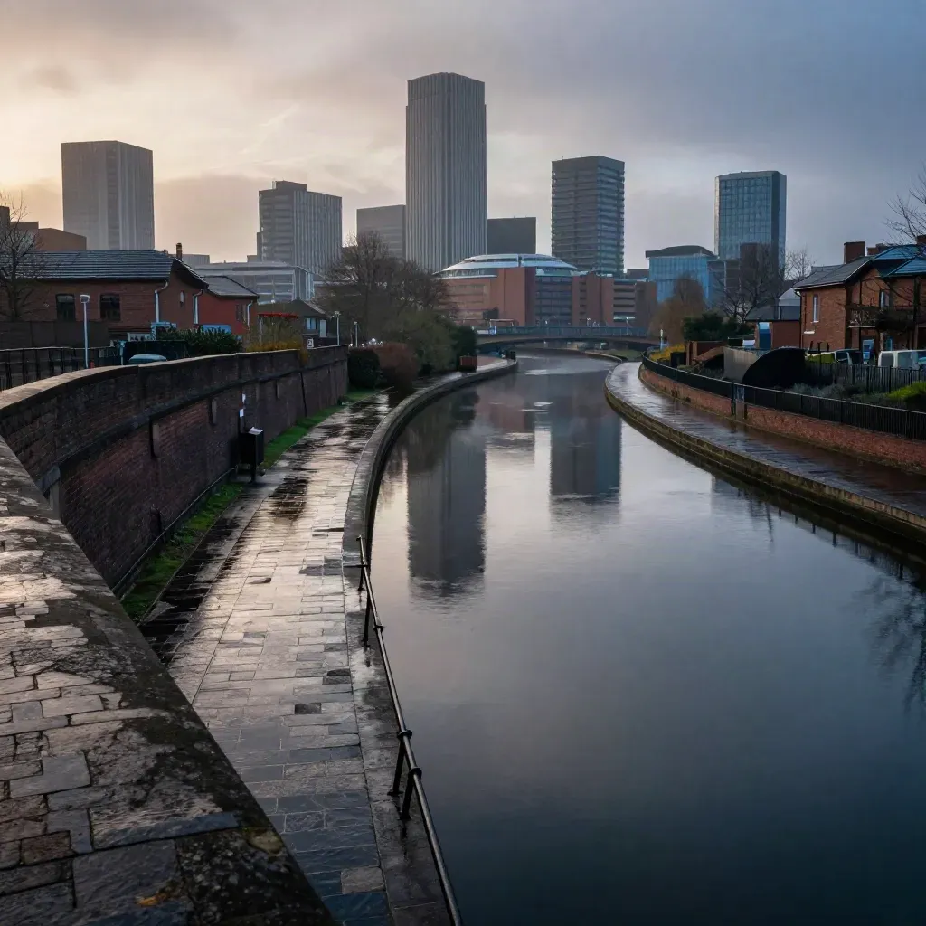 Birmingham skyline above wet canal water at blue hour, seen from a bridge at the city edge.