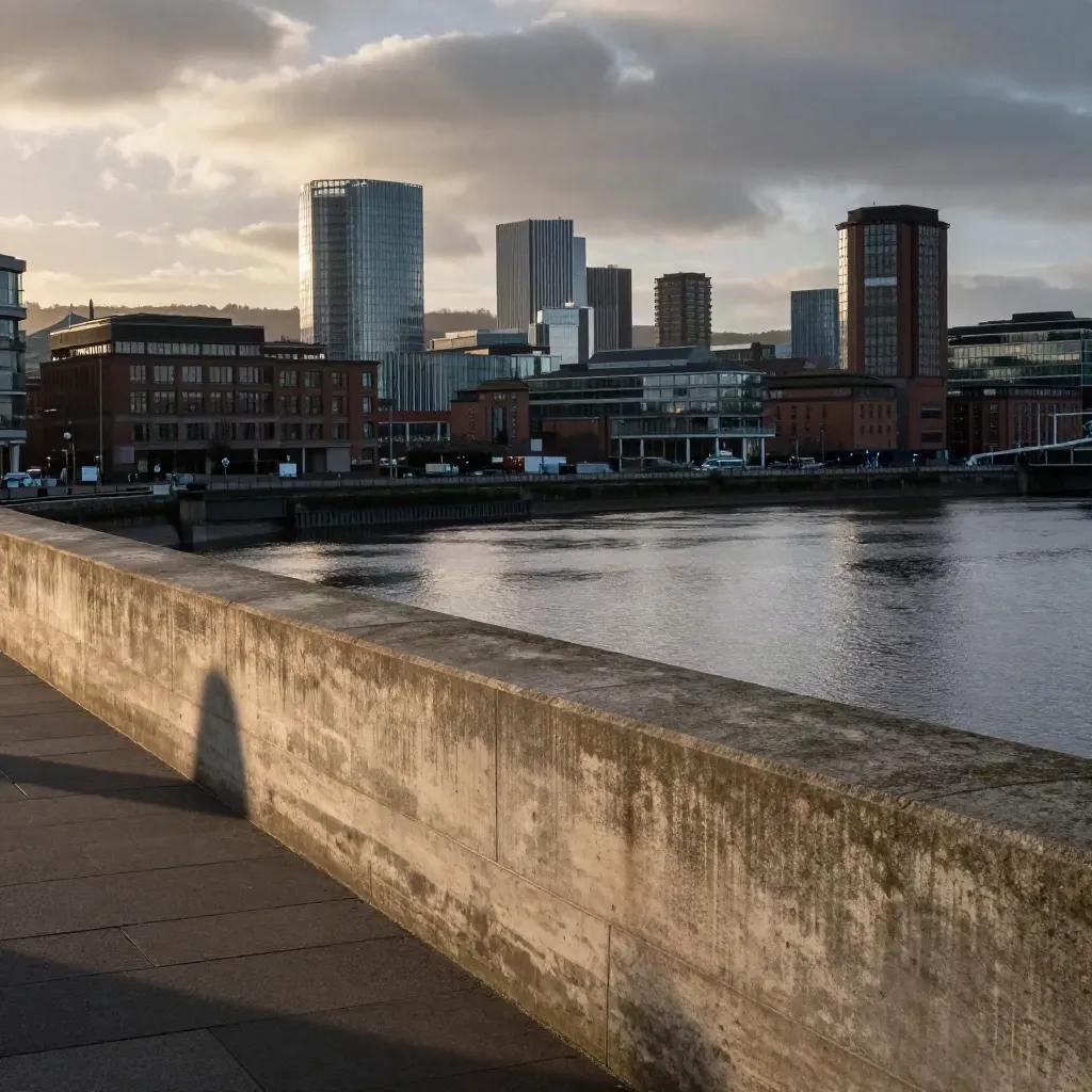 Manchester skyline from Salford Quays at sunset, with hazy Pennines beyond and calm water foreground