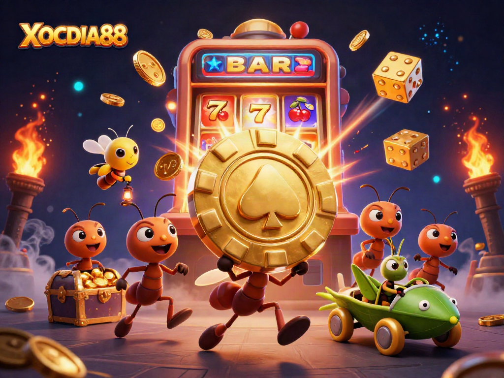 XOCDIA88 ants heist illustration showcasing a dynamic casino adventure with vibrant symbols.