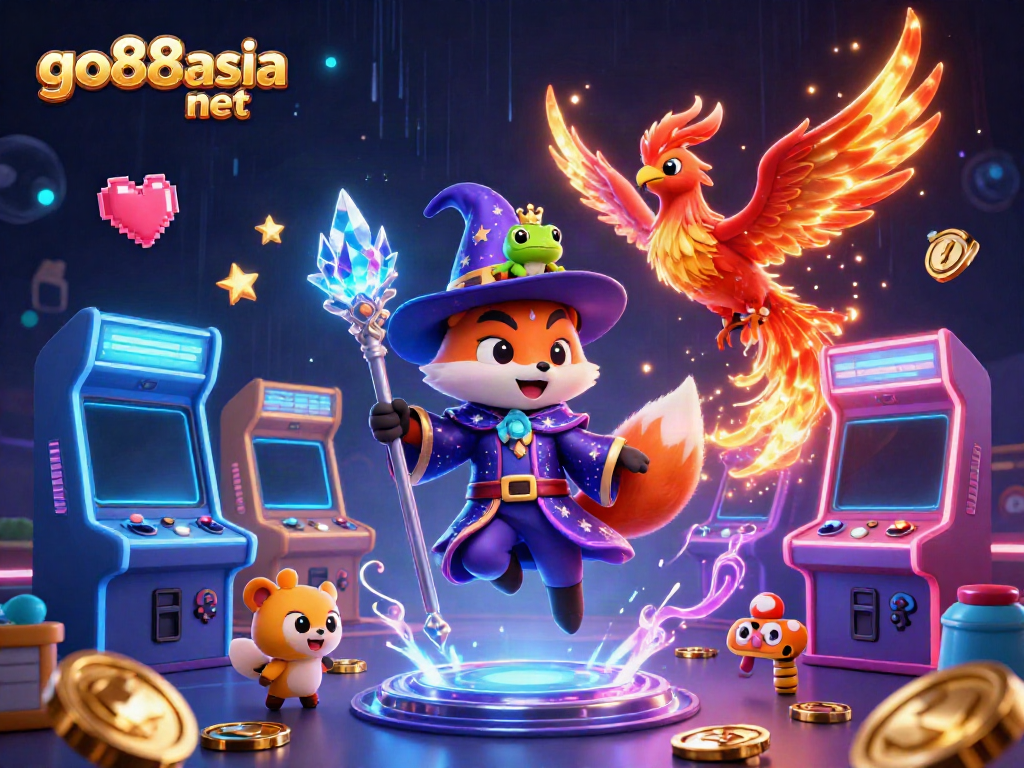 Engage in thrilling gameplay at go88asia net with a dynamic casino scene featuring 3D wizard fox and phoenix.