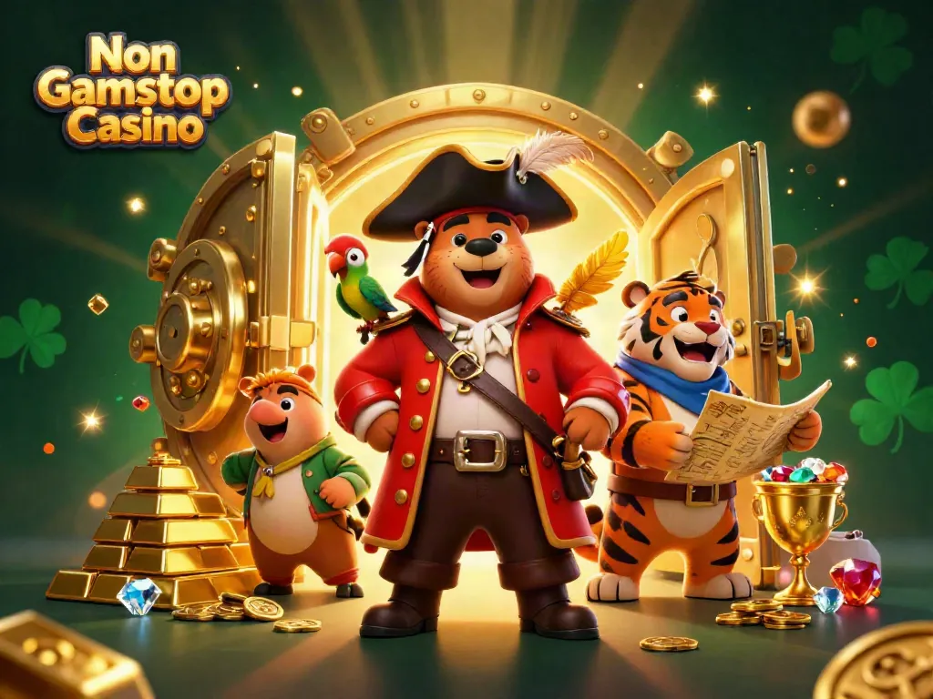 Experience the thrill of Non Gamstop Casino with vibrant characters and dazzling treasures in a rich 3D illustration.
