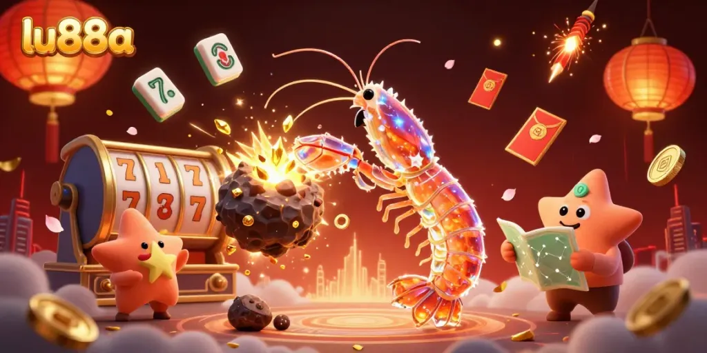 Experience the excitement of lu88a with vibrant casino graphics showcasing a samurai shrimp in action.