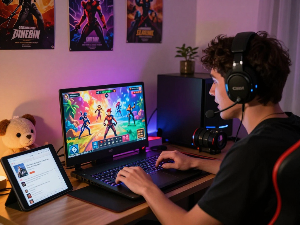 A person enjoying a lively porngame on a laptop in a cozy, ambient-lit gaming space with vibrant game graphics and decor.