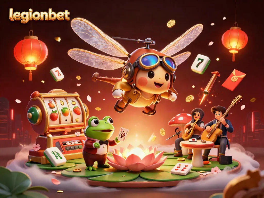 Experience thrilling gaming at legionbet with this vibrant casino scene featuring a dragonfly pilot and frog croupier.