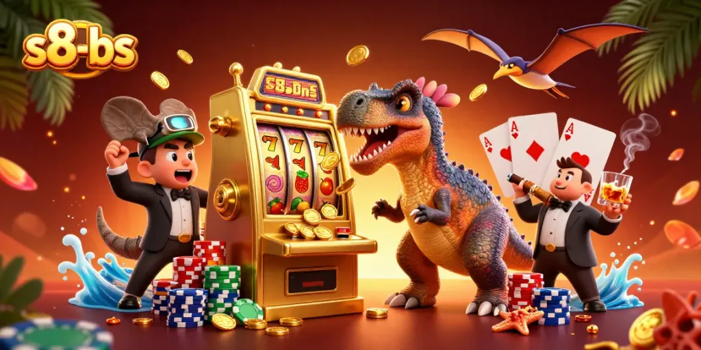 Watch the s8-bs pachycephalosaurus celebrate a jackpot in a vibrant casino scene with colorful slot elements.