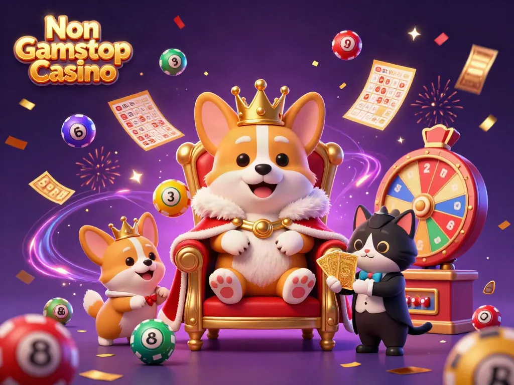 Royal corgi crowned on poker chips, representing Non Gamstop Casino with festive elements.