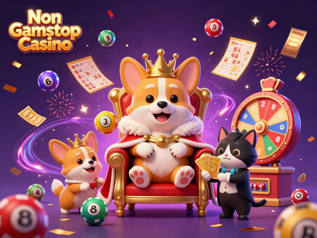 Royal corgi crowned on poker chips, representing Non Gamstop Casino with festive elements.