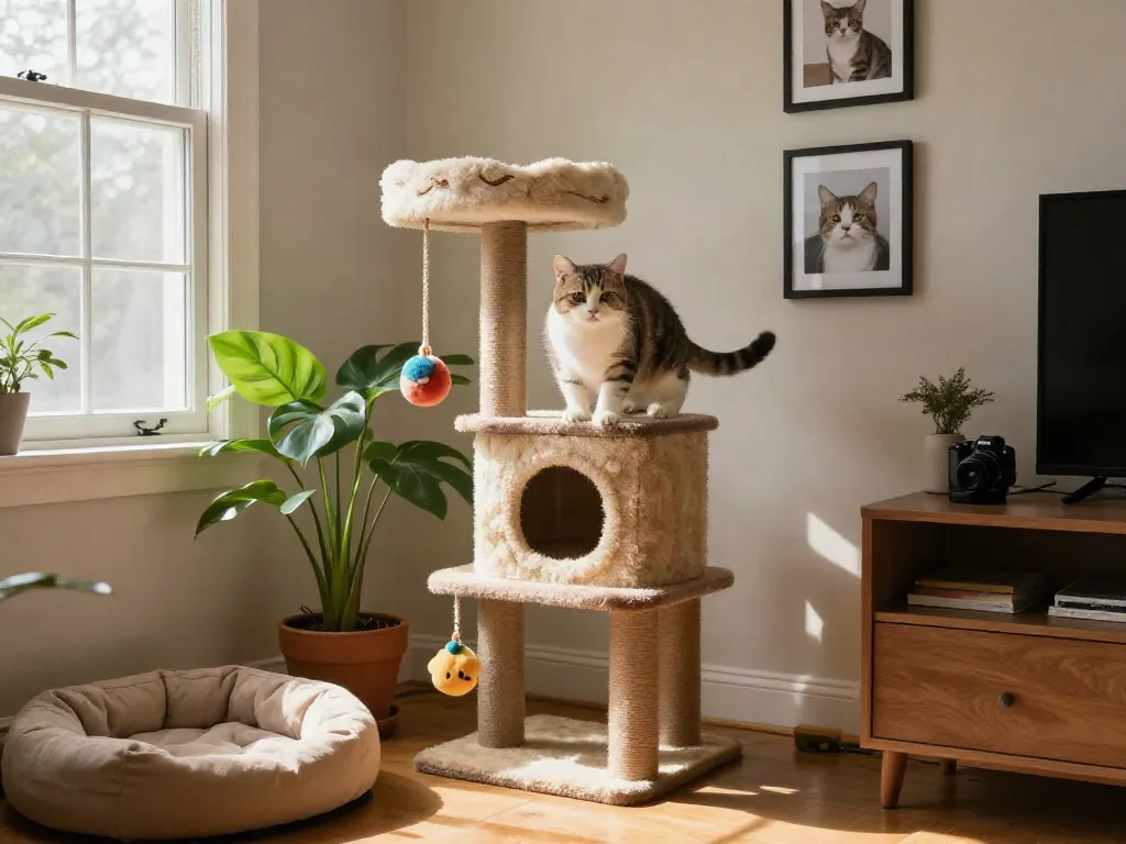 Playful cat tower cat tree with an indoor cat climbing and toys around it in a cozy living room.