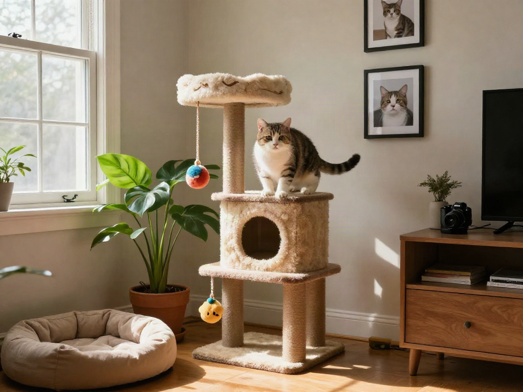 Playful cat tower cat tree with an indoor cat climbing and toys around it in a cozy living room.