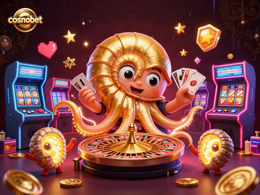 Experience cosmobet with a neon-lit 3D gaming scene featuring a giant nautilus and vibrant casino elements.