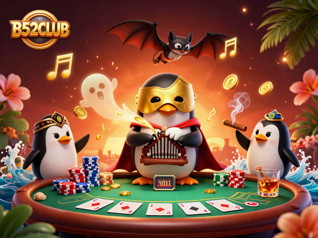 Experience B52CLUB's vibrant gaming scene with a phantom opera penguin playing for golden coins.