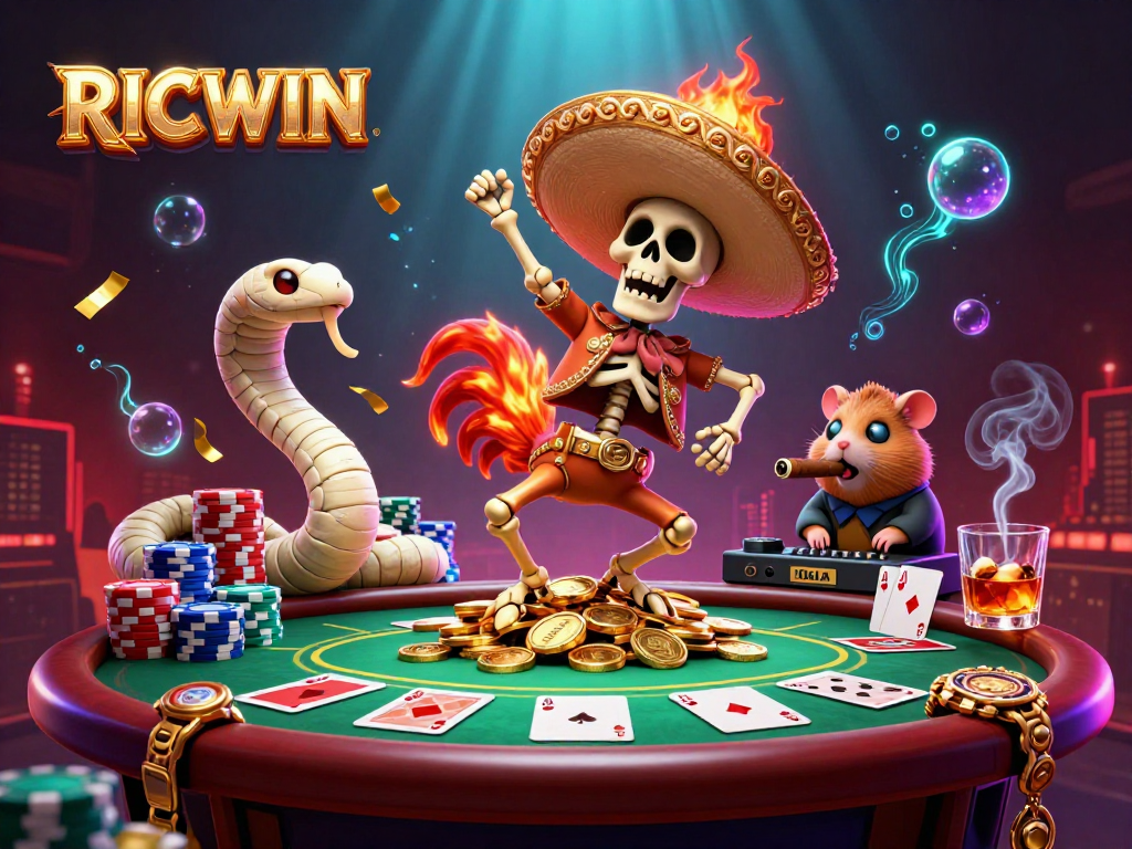 Engage in thrilling poker action with RICWIN's vibrant casino illustration featuring lively characters.